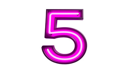 A vibrant, neon-lit number "5" glows against a stark black backdrop. The number's outline and interior shimmer with pink and magenta hues
