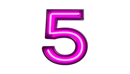 A vibrant, neon-lit number "5" glows against a stark black backdrop. The number's outline and interior shimmer with pink and magenta hues