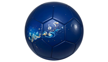 A close-up shot of a dark blue, hexagonal patterned sphere. It has a detailed, abstract design of blues, whites, and yellows