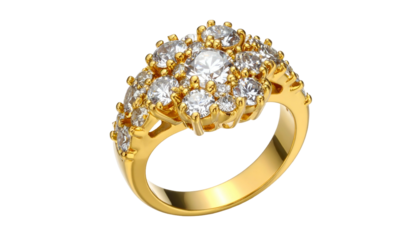 A close-up shot of a golden ring studded with numerous brilliant-cut diamonds. The ring's design features a cluster of gems
