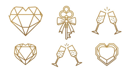 Elegant Golden Symbols: A set of exquisite golden icons, each designed with meticulous detail and a touch of refinement. It features a pair of champagne glasses in toast.