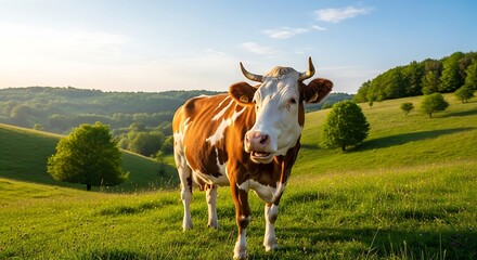 Cow in a green field, sunny day, beautiful landscape.