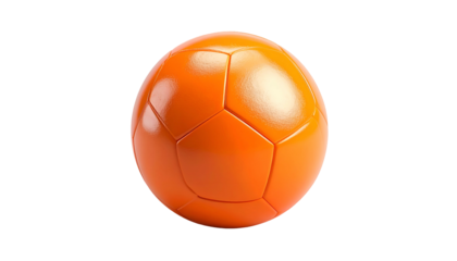 An isolated, vibrant, orange-colored soccer ball. The image shows a classic, textured, ball's surface against a stark, black background