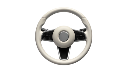 An ivory-colored steering wheel with modern design features, buttons, and a central hub. It's set against a deep black backdrop
