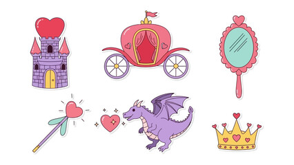 Naklejka premium Magical Kingdom Elements: A vibrant collection of whimsical illustrations, including a castle, carriage, mirror, wand, dragon, and crown. Ideal for projects needing a touch of fantasy.