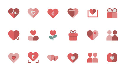 Valentine's Day Icon Set: An assortment of heart-shaped icons in varying shades of pink and red. Showcasing love, affection, and emotional connection.