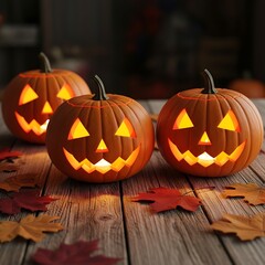 Glowing Pumpkins on Wooden Surface for Halloween Celebration.