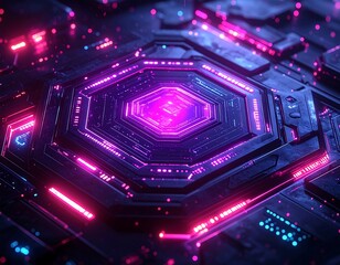 Close-up of a futuristic hexagonal design, glowing with neon pink and purple light. The intricate details evoke a sense of advanced technology