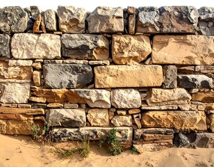 Close-up of a rugged stone wall with varying hues, juxtaposed against a sandy surface. Small green plants grow in the crevices