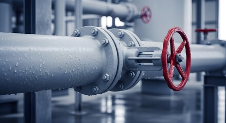 Industrial Gas Pipe with Red Valve and Condensation in Factory Manufacturing Plant