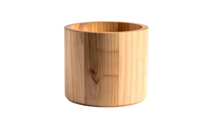A cylindrical container, constructed from vertical wooden slats, with a rounded rim and a light wood tone, stands against a black background