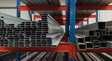 Metal Profiles Placed Neatly on Red and Blue Shelves in a Warehouse Setting