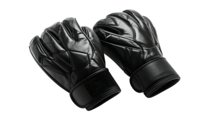 A pair of black goalie gloves, displayed at an angle. They have a shiny finish with a geometric patterned design. The cuffs are secured by Velcro