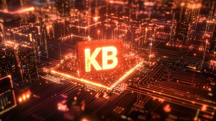 A conceptual digital illustration showing a glowing "KB" symbol hovering over a futuristic circuit board