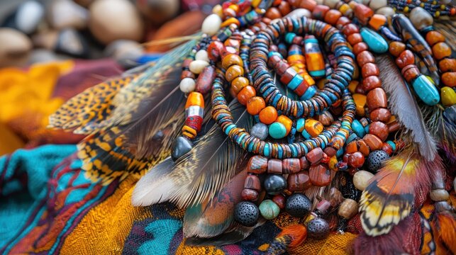 A collection of colorful beads and feathers arranged in a spiritual juju charm on a tribal cloth