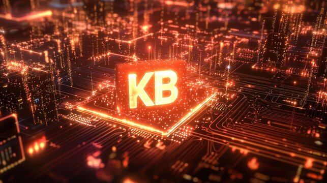 A conceptual digital illustration showing a glowing "KB" symbol hovering over a futuristic circuit board - Powered by Adobe