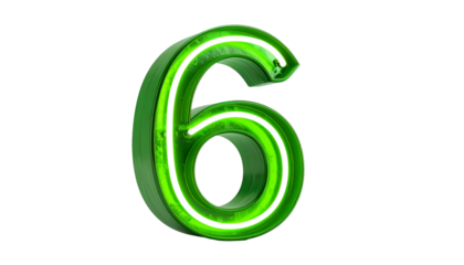 Illuminated, three-dimensional numeral six rendered in a vibrant green neon light against a stark black background