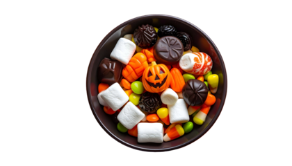 Overhead shot of a bowl filled with various candies and a carved pumpkin