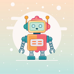 Cartoon robot with a smiling face and colorful design standing against a light background.