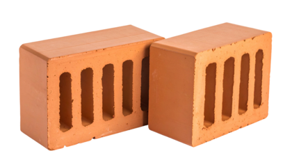 Two standard red-orange rectangular construction bricks, with multiple vertical holes, on black