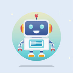 Cartoon robot with a square head and a smiling face on a light blue background.