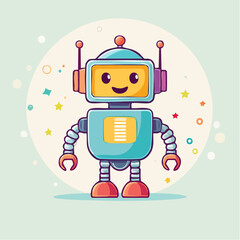 Cute cartoon robot with a smiling face and colorful design standing in front of a light green background.