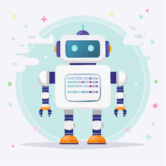 Cartoon robot with a screen on its chest and a light blue background with clouds and stars.
