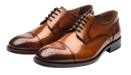 Two polished leather dress shoes in a glossy brown finish, displayed on a black background, laces tied and ready