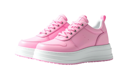 A pair of bright pink platform sneakers against a black background