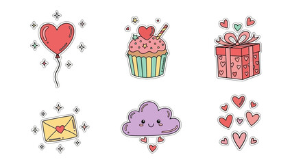 Sweet Gestures of Affection: An array of delightful elements symbolize the tenderness of love, the collection includes a heart-shaped balloon, a cupcake with a heart topper.