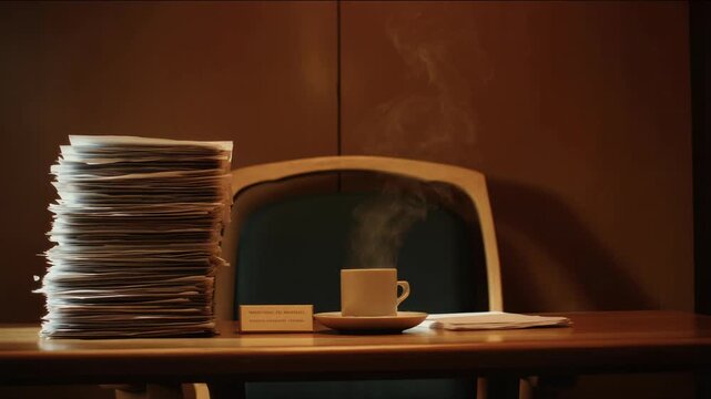 Steaming Coffee Cup Sitting on Office Desk Beside Large Stack of Papers in Warm Light
