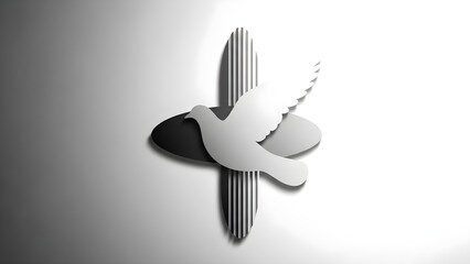 A serene white dove gracefully ascending over a textured black cross, a powerful symbolic image representing peace, faith, and spiritual reflection in a minimalist style