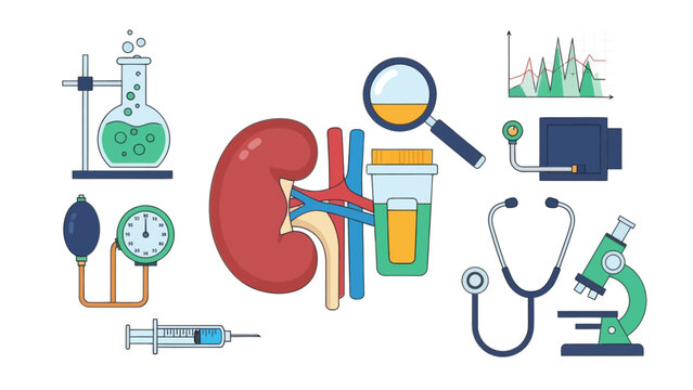 Medical laboratory analysis of kidney function with scientific equipment and test tubes