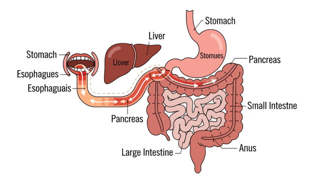 Detailed diagram illustrating human digestive system with labeled organs and pathways for food