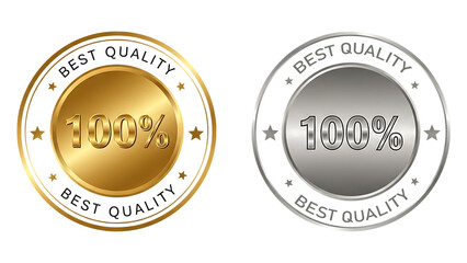 Gold and silver 100 percent best quality award badges. Premium metallic guarantee seals with stars and circular border, Icon, Logo, Sticker,isolated quality assurance label design