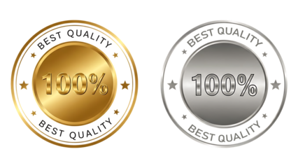 Gold and silver 100 percent best quality award badges. Premium metallic guarantee seals with stars and circular border, Icon, Logo, Sticker,isolated quality assurance label design