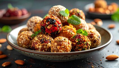 Close-up of a rustic plate filled with assorted, colorful, and round energy balls. Mint leaves provide a fresh garnish