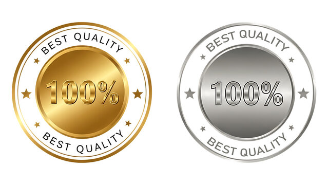Gold and silver 100 percent best quality award badges. Premium metallic guarantee seals with stars and circular border, Icon, Logo, Sticker,isolated quality assurance label design