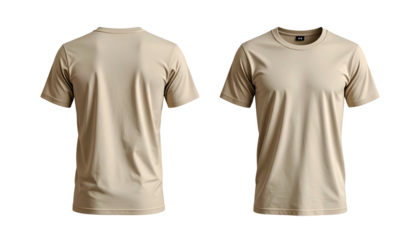 Two tan crew neck t-shirts displayed, front and back views, isolated on black