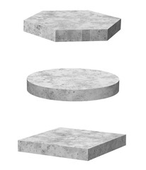 Gray concrete stone blocks shaped. Collection of podiums and pedestals for product presentation, advertising, and marketing. 3D illustrations isolated on transparent background