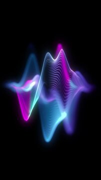 Colorful neon audio waveform with blue cyan and magenta glowing layered frequency lines on deep black background. Close Up Futuristic sound spectrum style abstract wave music visuals, vertical loop