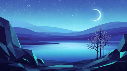 Fototapeta premium A serene crescent moon shines over a tranquil lake surrounded by rolling hills and rocky shores under a starry night sky.
