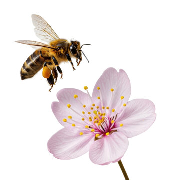 Bee pollinating cherry blossom flower nature isolated on transparent background