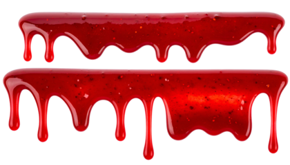 Two horizontal stripes of glossy red, viscous, dripping liquid against a black background