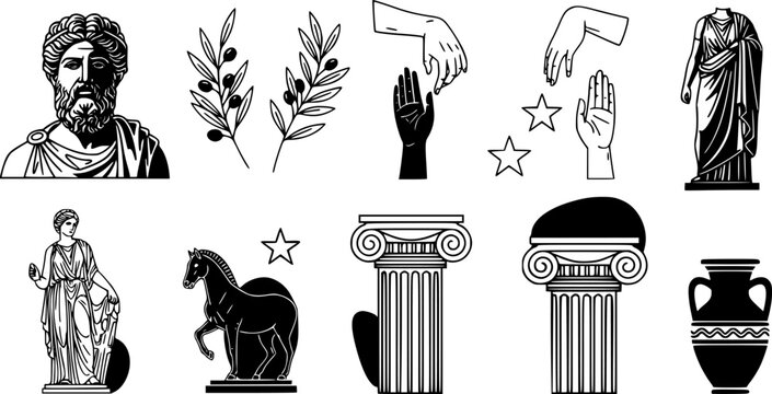 Isolated greek statues in modern style. Linear set antique aesthetic statues of mystical god, olive branches, hands, stars, columns, horse and pottery. Creative silhouette for poster design, wall
