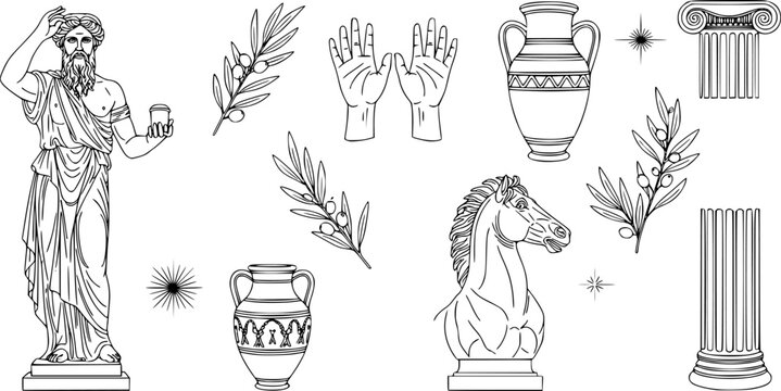 Isolated greek statues in modern style. Linear set antique aesthetic statues of mystical god, olive branches, hands, stars, columns, horse and pottery. Creative silhouette for poster design, wall