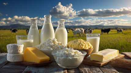 Fresh dairy products on wooden table with grazing cows