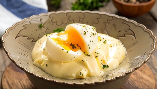 素朴な器に盛られたウフマヨのフランス料理グルメ情景