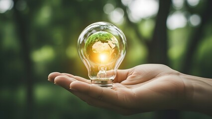 Eco friendly innovation concept with glowing light bulb in a forest