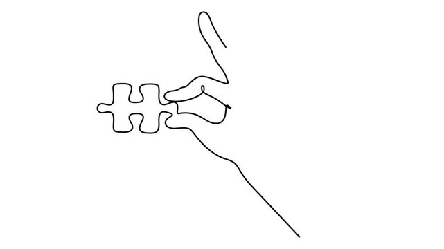Self animated continuous one-line drawing of a hand holding a jigsaw puzzle piece. Problem-solving and solutions concepts vector illustration.